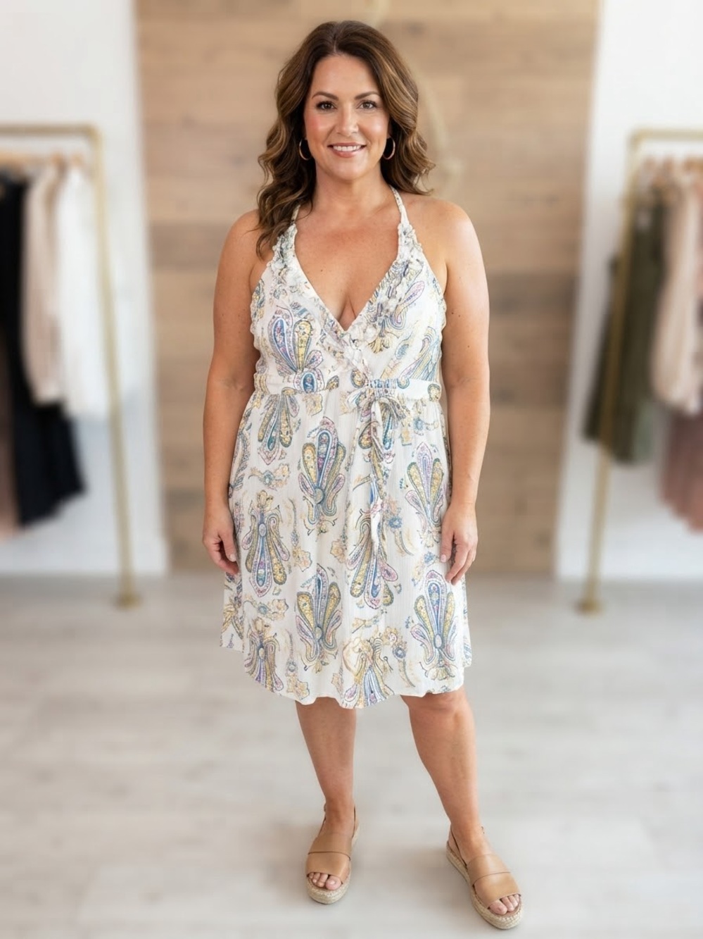Baby Phat halter-neck sundress with a deep V-neckline, ruffle trim Size XL.